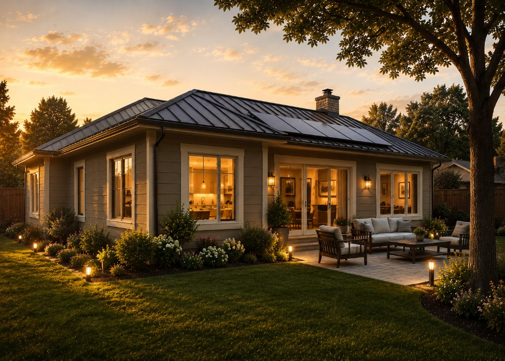 Home exterior with new metal roof at golden hour